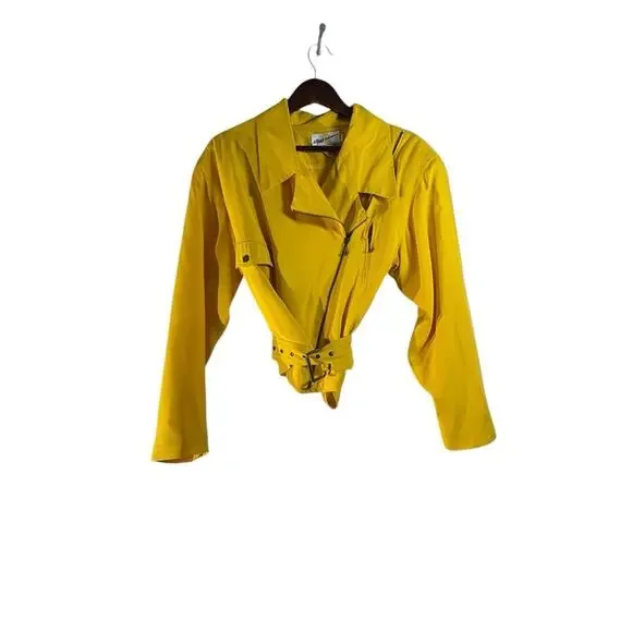 Vintage 80s Yellow Silk Moto Jacket Bold Shoulders Structured Hong Kong Made - Picture 4 of 15